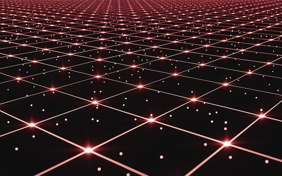 An expansive, dark digital plane is covered by a precise grid of glowing red lines, with numerous small white and red points of light illuminating the intersections and creating a sense of