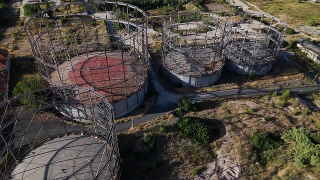 Aerial view of the historic industrial gasometers in Marvila, Lisbon, Portugal.