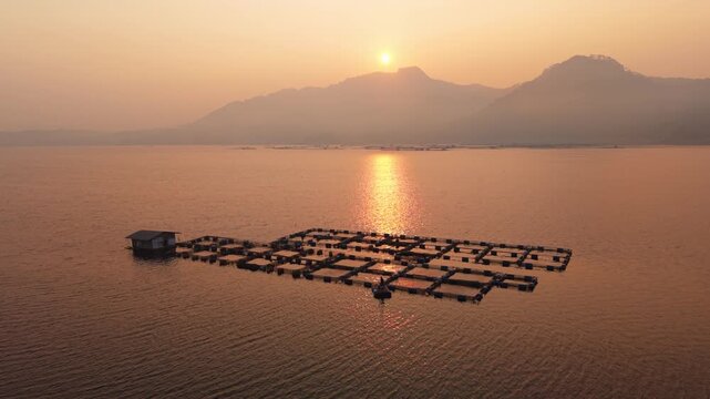 Aerial view of fish farming cages in Wadaslintang Reservoir at sunset with mountains in the background in Wadaslintang, Central Java, Indonesia.