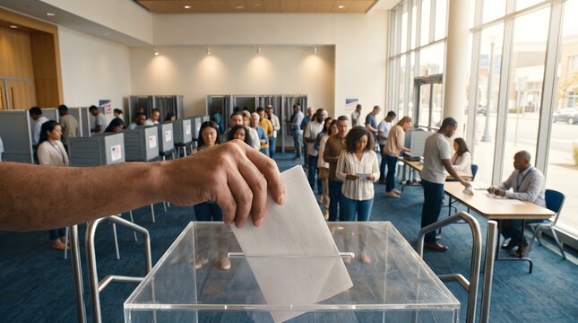 Caucasian hand casting ballot in transparent voting box. Diverse crowd waiting in polling station line, representing public democracy.
