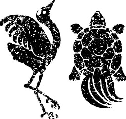 Obraz premium 鶴と亀 版画 判子 手描き 年賀 お正月 縁起物 デザイン 飾り 日本 和風 和柄 モダン イラスト 素材