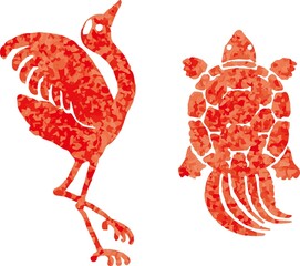 Obraz premium 鶴と亀 版画 判子 手描き 年賀 お正月 縁起物 デザイン 飾り 日本 和風 和柄 モダン イラスト 素材