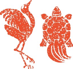 Obraz premium 鶴と亀 版画 判子 手描き 年賀 お正月 縁起物 デザイン 飾り 日本 和風 和柄 モダン イラスト 素材