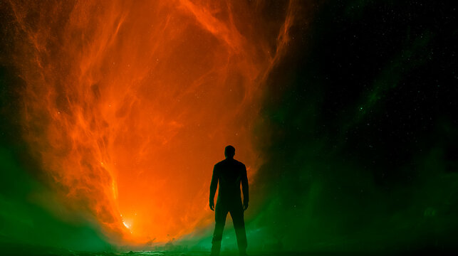 Human silhouette entering glowing circular fire ring portal symbolizes ascension transformation and evolution into higher consciousness in abstract concept visual.