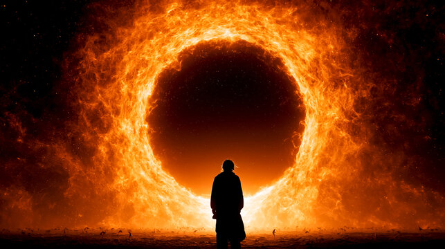 Human silhouette entering glowing circular fire ring portal symbolizes ascension transformation and evolution into higher consciousness in abstract concept visual.