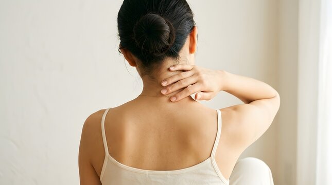 首こりや肩こりに悩み首の後ろを押さえる女性の後ろ姿