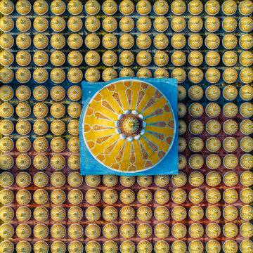 Tangail District, Bangladesh - 17 July 2026: Aerial view of 201 Gombuj Masjid showing the intricate pattern of numerous small domes surrounding the large central dome.