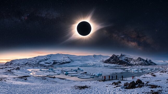 A stunning wide-angle shot of a total solar eclipse over the snowy landscape of Iceland, glowing corona plasma shining brightly, deep indigo sky with visible stars, professional astrophotography sty