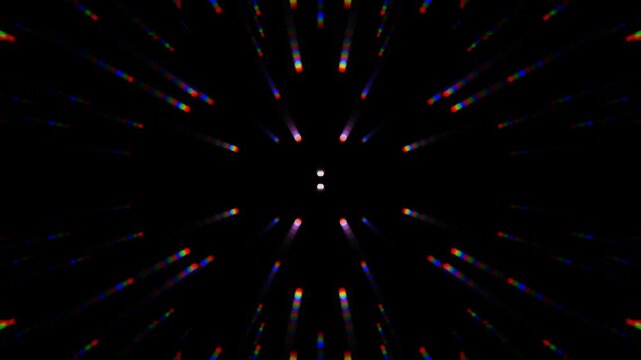 Abstract vibrant light streaks in a symmetrical circular pattern with neon star effects, perfect for backgrounds or graphic designs.