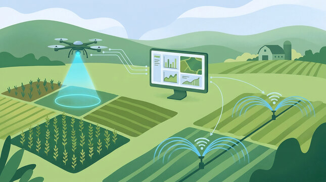 Conceptual illustration of an automated farm ecosystem where a drone and computer interface manage smart irrigation and crop health for sustainable food production