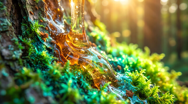 Macro of golden resin flowing down mossy tree bark in sunlit forest
