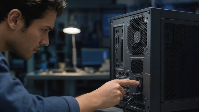 Male technician computer repair maintenance hardware desktop cable connection office night focus technology man back tower plug engineer