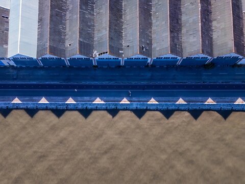 Aerial view of the warehouse buildings with distinctive sawtooth roofs in Parque das Nacoes, Lisbon, Lisbon, Portugal.