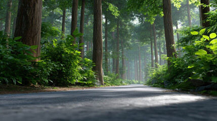 Fototapeta premium A peaceful forest road bathed in dappled sunlight, surrounded by tall trees and lush greenery, inviting exploration and contemplation