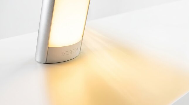 Modern bedside lamp casting warm amber glow on white surface in closeup