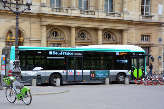 PARIS FRANCE: Public bus of Paris, Metro, RER train, tramway. The Paris public transport network serves the entire city and all its suburbs.