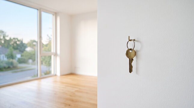 Single brass key on wall hook inside bright empty apartment with window view