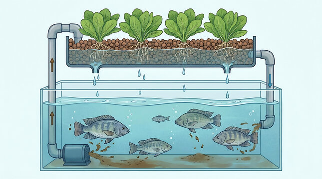Aquaponics system diagram showing the symbiotic relationship between fish aquaculture and hydroponic plant growth through a closed water circulation loop