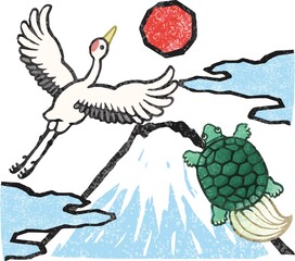 Naklejka premium 鶴 亀 富士山 初日の出 版画 日本画 墨絵 水彩 手描き 和風 和柄 イラスト 年賀状素材