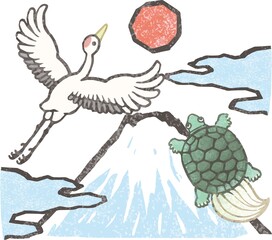Naklejka premium 鶴 亀 富士山 初日の出 版画 日本画 墨絵 水彩 手描き 和風 和柄 イラスト 年賀状素材