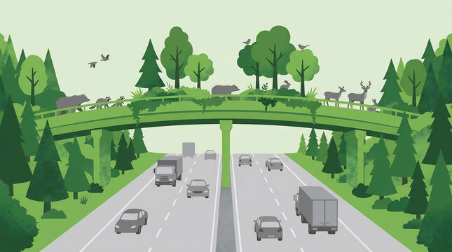 Eco-friendly infrastructure design featuring a vegetated wildlife overpass crossing a highway to prevent animal collisions and maintain biological corridor connectivity