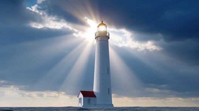 A beacon of hope, a lighthouse stands tall, its light piercing through dramatic clouds and casting rays of sunshine across the water.