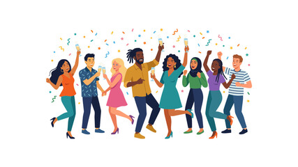 Obraz premium Diverse group of people celebrating together with colorful confetti.