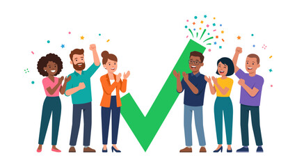 Fototapeta premium Diverse group of people celebrating success with large green checkmark and confetti.