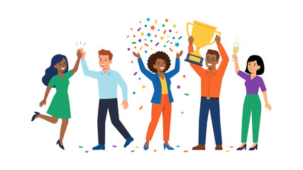 Fototapeta premium Diverse group celebrating victory with trophy and colorful confetti.