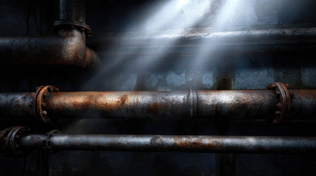 Close-up view of old rusty industrial pipes with beams of light shining through, suggesting a worn-down or neglected environment