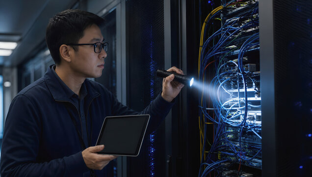 Asian man data center server rack network cable flashlight tablet technician maintenance technology infrastructure Asian man checks server rack