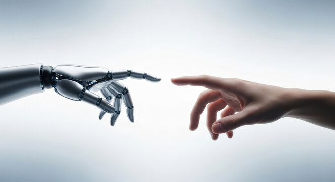 Human and robot hands nearly touching in a representation of artificial intelligence and human interaction.