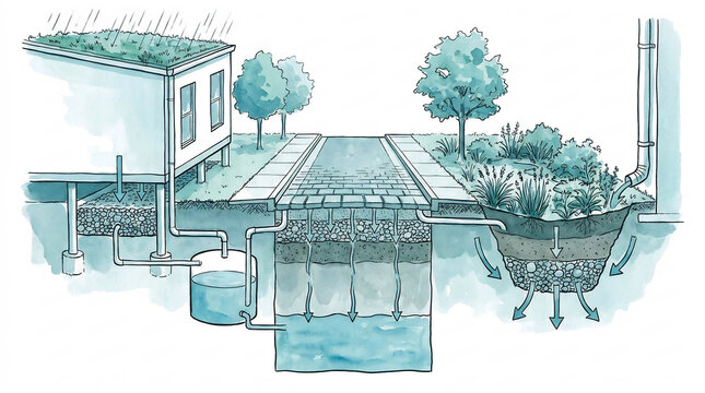 Technical cross-section diagram of a sustainable urban water management system showing rainwater harvesting, permeable pavement, and bio-swale filtration layers