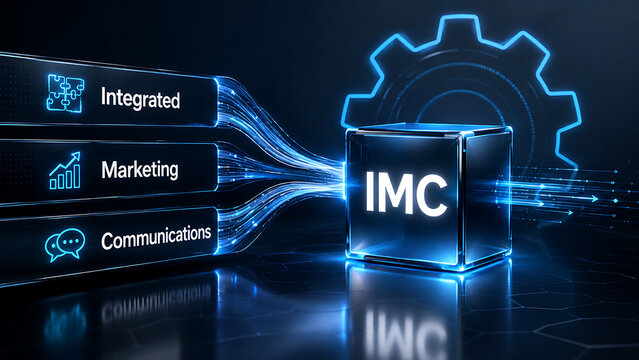 Integrated Marketing Communications (IMC) Concept with Digital Network and Gear Icon