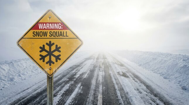 Yellow metal warning sign indicating snow squall conditions on a desolate icy road during winter storms
