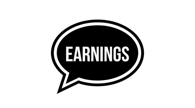 Earnings word inside a bold black speech bubble shaped icon isolated on a clean white background
