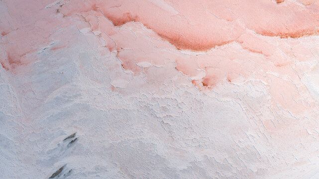Aerial view of cracked pink salt crust and pale mineral layers forming an intricate organic pattern in France.