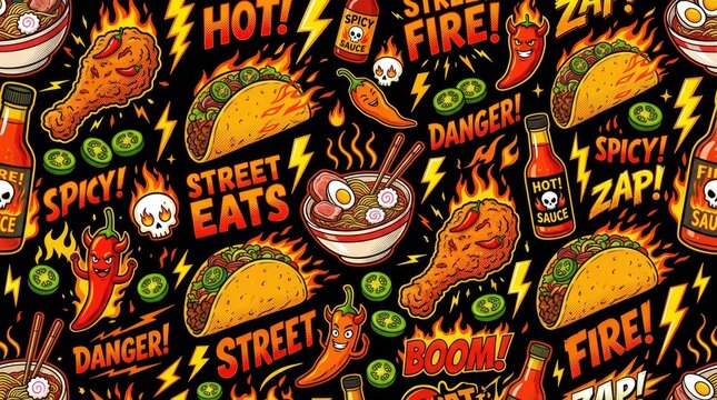 Vibrant comic style seamless pattern featuring spicy street food items like tacos ramen and fried chicken