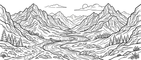 Fototapeta premium Stylized Mountain Valley Landscape Line Art