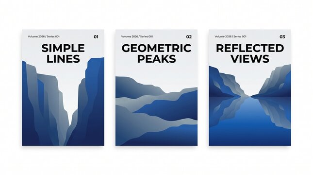 Minimalist blue landscape poster set, geometric mountain peak illustrations, simple lines and reflected views art prints for modern interior decor
