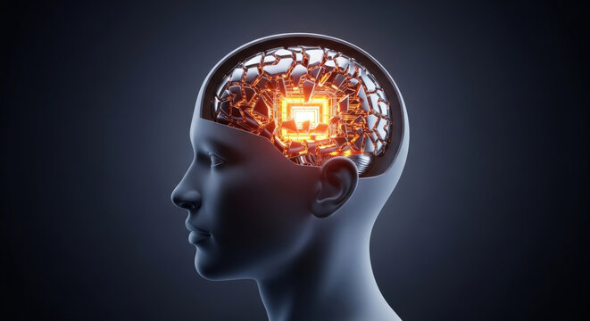 Human head profile with partially open skull containing glowing futuristic computer chip representing cognitive intelligence and technology.