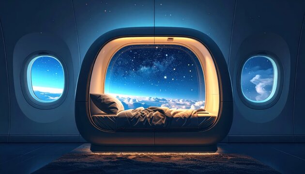 Airplane window view of starry night.