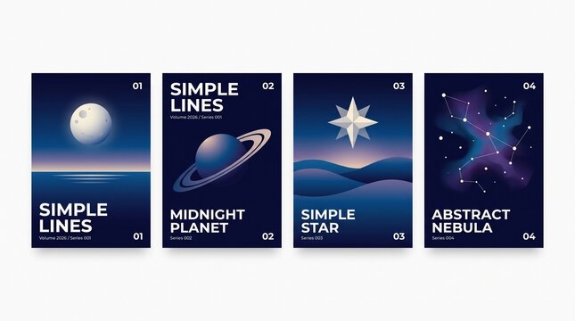 Minimalist space poster collection, set of 4 cosmic covers with simple lines, midnight planet and abstract nebula illustrations in dark blue