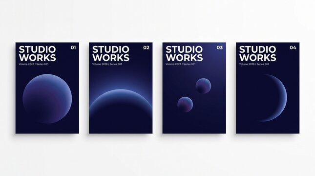 Minimalist cosmic poster collection with blue planet graphics, set of 4 abstract space cover designs, modern celestial studio works branding
