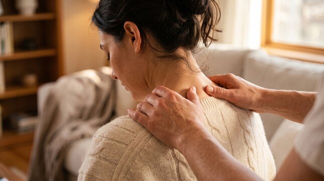 Woman receiving shoulder massage in cozy living room with warm window light