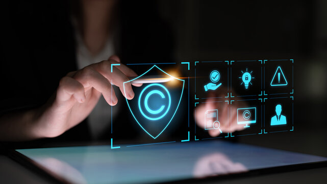Digital copyright protection system showing secure ownership, intellectual property rights, content verification, and legal warning icons for creators and publishers Latch