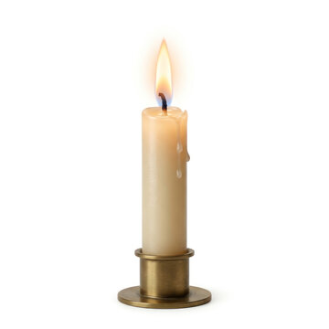 Lit Wax Candle in Vintage Metal Candlestick Holder