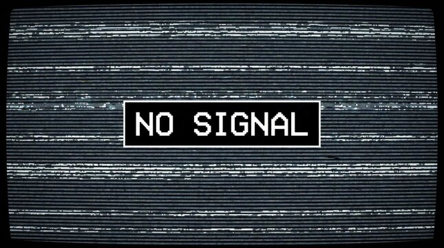 No signal text displayed on a distorted retro television screen with horizontal black and white lines