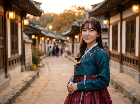 A beautiful young korean woman wearing a traditional hanbok dress standing in a historic village street during sunset