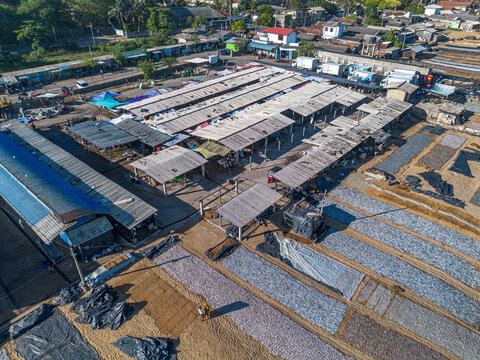 Aerial view of the fish drying area at Negombo Beach with rows of fish laid out on mats under wooden sheds in the coastal town of Negombo, Western Province, Sri Lanka.